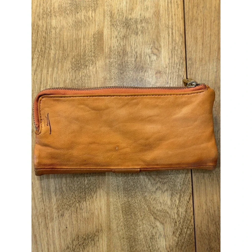 Junior Drake Distressed Orange Soft Leather Long Wallet Gold Hardware READ
